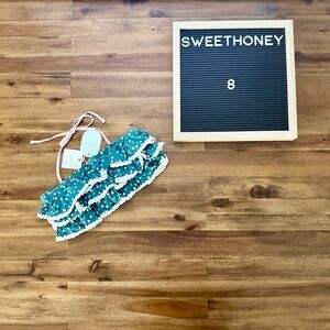 NWT SweetHoney Milly Frilly Bikini Top Green Cherries 8 Green Pink Ruffle Lace